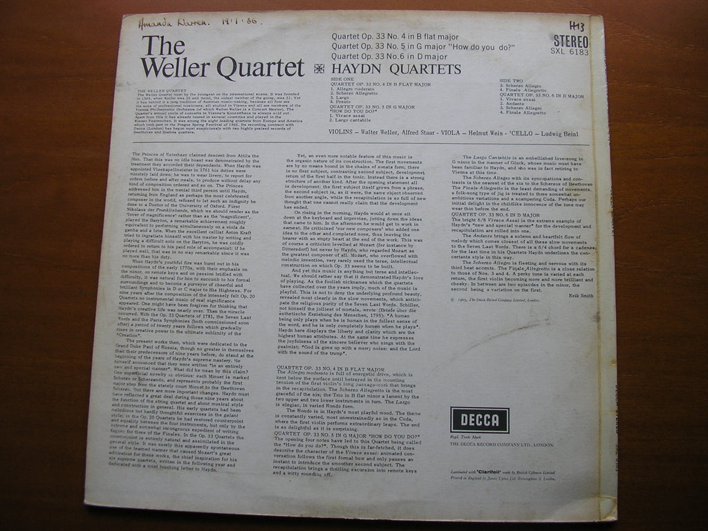 SXL 6183 HAYDN: STRING QUARTETS Nos. 4 / 5 / 6 Op.33 THE WELLER QUARTET
