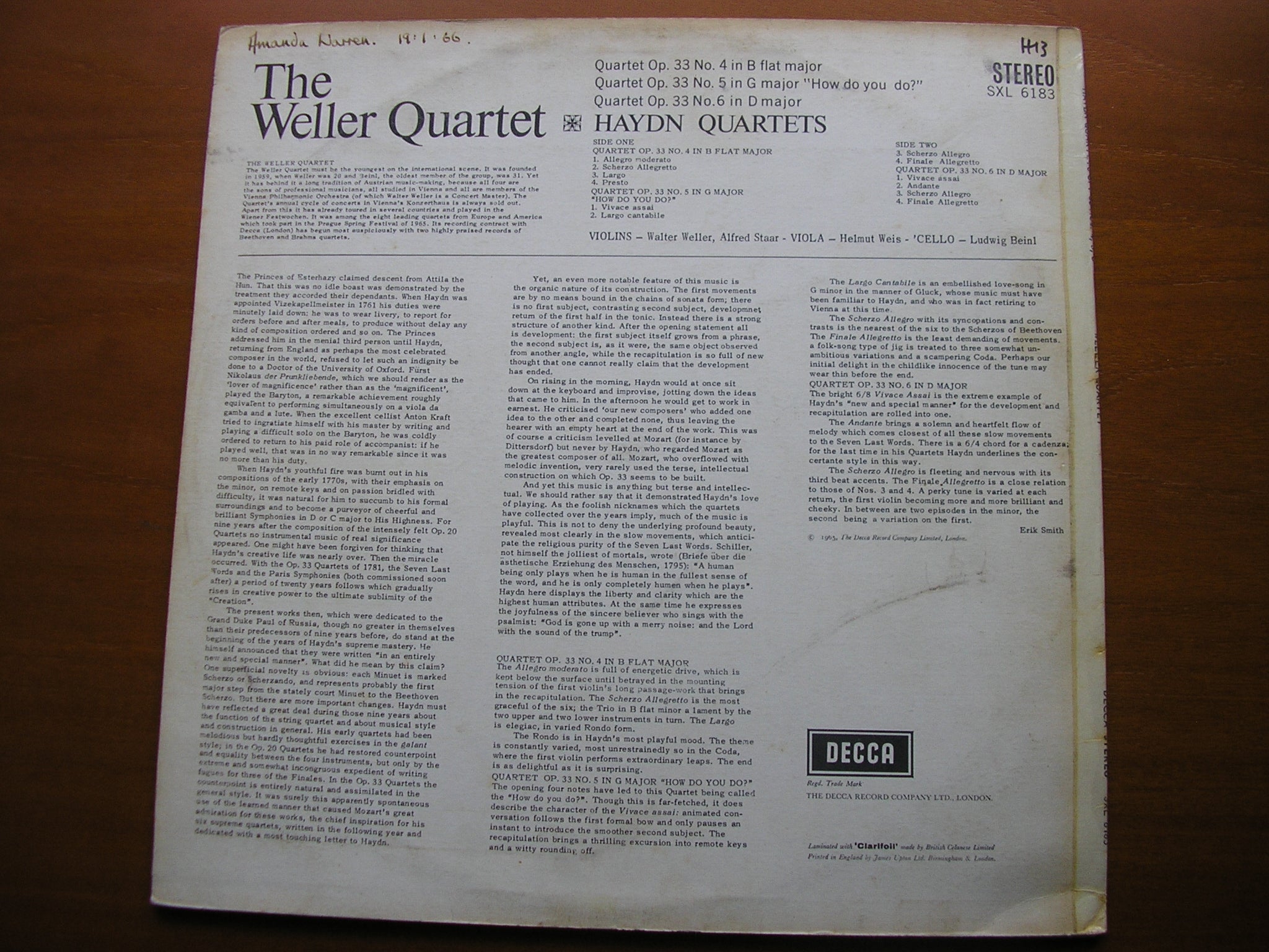 SXL 6183 HAYDN: STRING QUARTETS Nos. 4 / 5 / 6 Op.33 THE WELLER QUARTET
