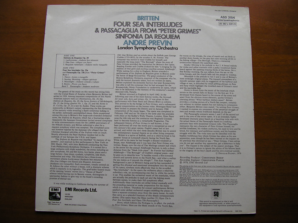 BRITTEN: FOUR SEA INTERLUDES & PASSACAGLIA from PETER GRIMES / SINFONIA DA REQUIEM     PREVIN / LONDON SYMPHONY    ASD 3154