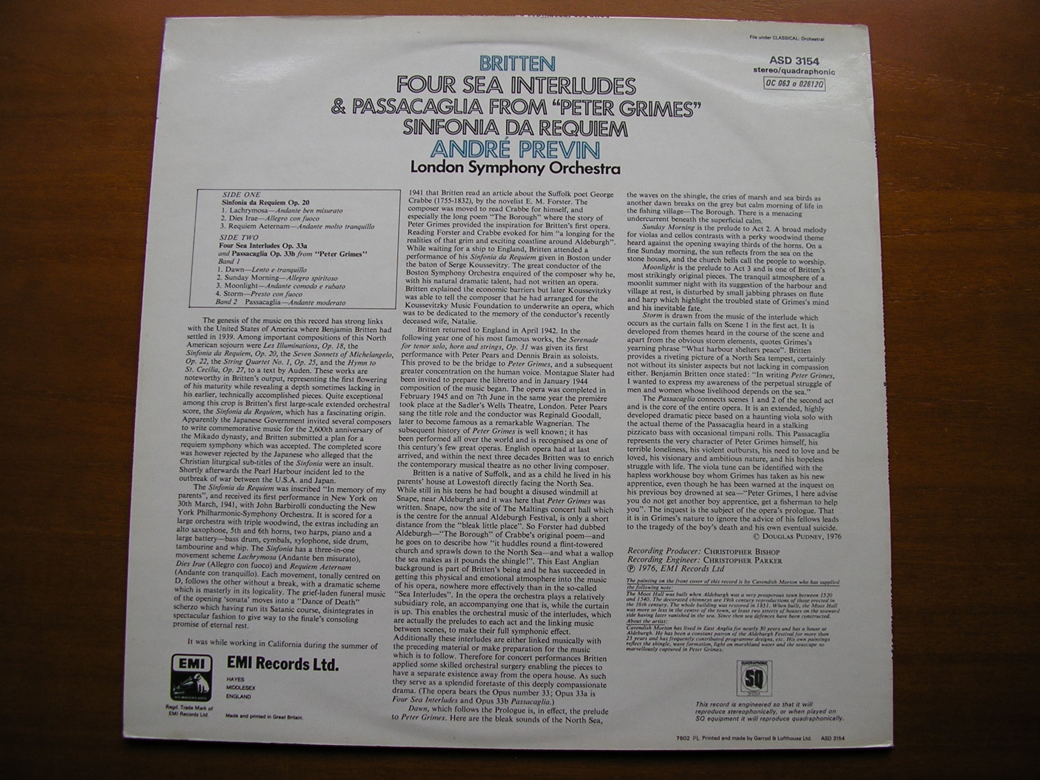 BRITTEN: FOUR SEA INTERLUDES & PASSACAGLIA from PETER GRIMES / SINFONIA DA REQUIEM     PREVIN / LONDON SYMPHONY    ASD 3154