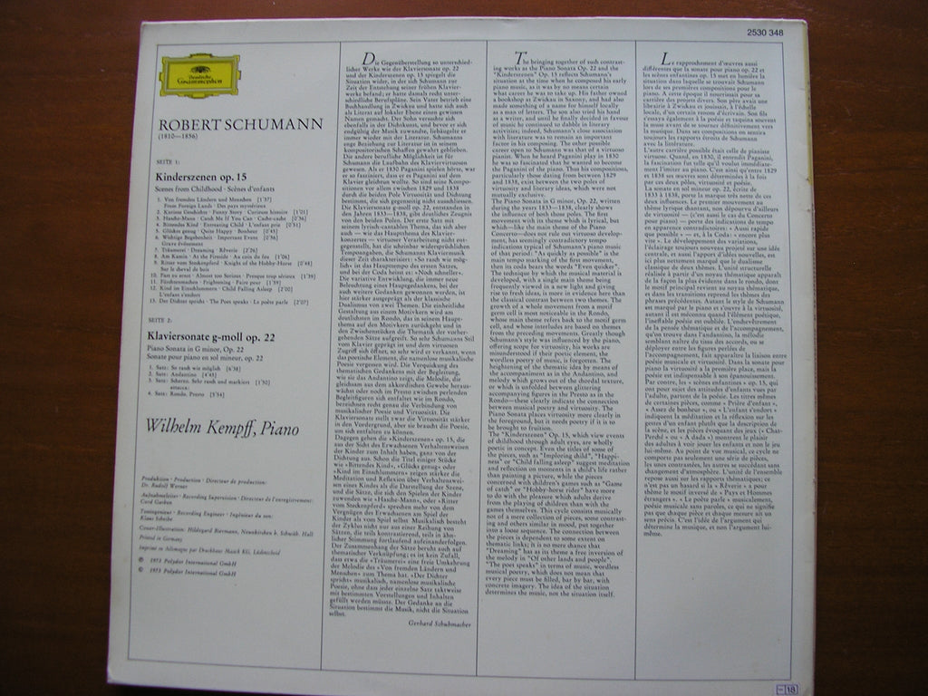 SCHUMANN: KINDERSZENEN / PIANO SONATA in G     WILHELM KEMPFF    2530 348
