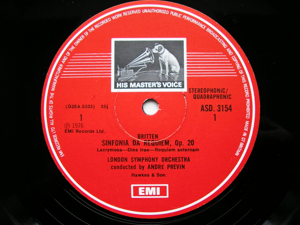 BRITTEN: FOUR SEA INTERLUDES & PASSACAGLIA from PETER GRIMES / SINFONIA DA REQUIEM     PREVIN / LONDON SYMPHONY    ASD 3154