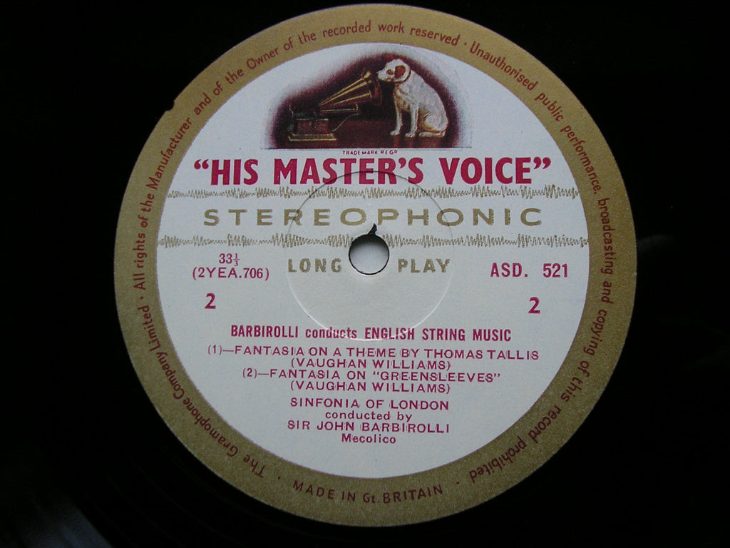 BARBIROLLI CONDUCTS ENGLISH MUSIC FOR STRINGS: ELGAR / VAUGHAN WILLIAMS   BARBIROLLI / SINFONIA OF LONDON / ALLEGRI QUARTET ASD 521