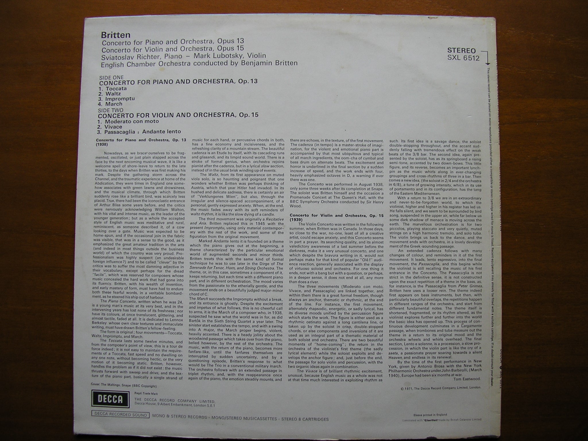 BRITTEN: PIANO CONCERTO / VIOLIN CONCERTO    RICHTER / LUBOTSKY / ENGLISH CHAMBER ORCHESTRA / BRITTEN    SXL 6512