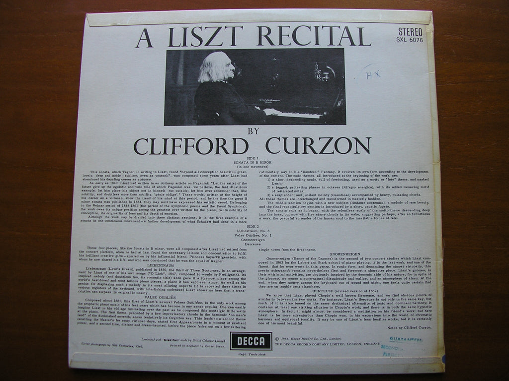 SXL 6076 LISZT: SONATA IN B Minor / BERCEUSE / LIEBESTRAUM / GNOMENREIGEN CLIFFORD CURZON