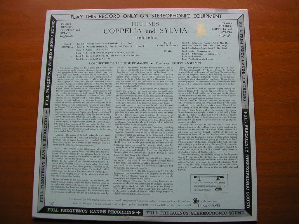 DELIBES: SYLVIA & COPPELIA highlights    ANSERMET / SUISSE ROMANDE     CS 6185