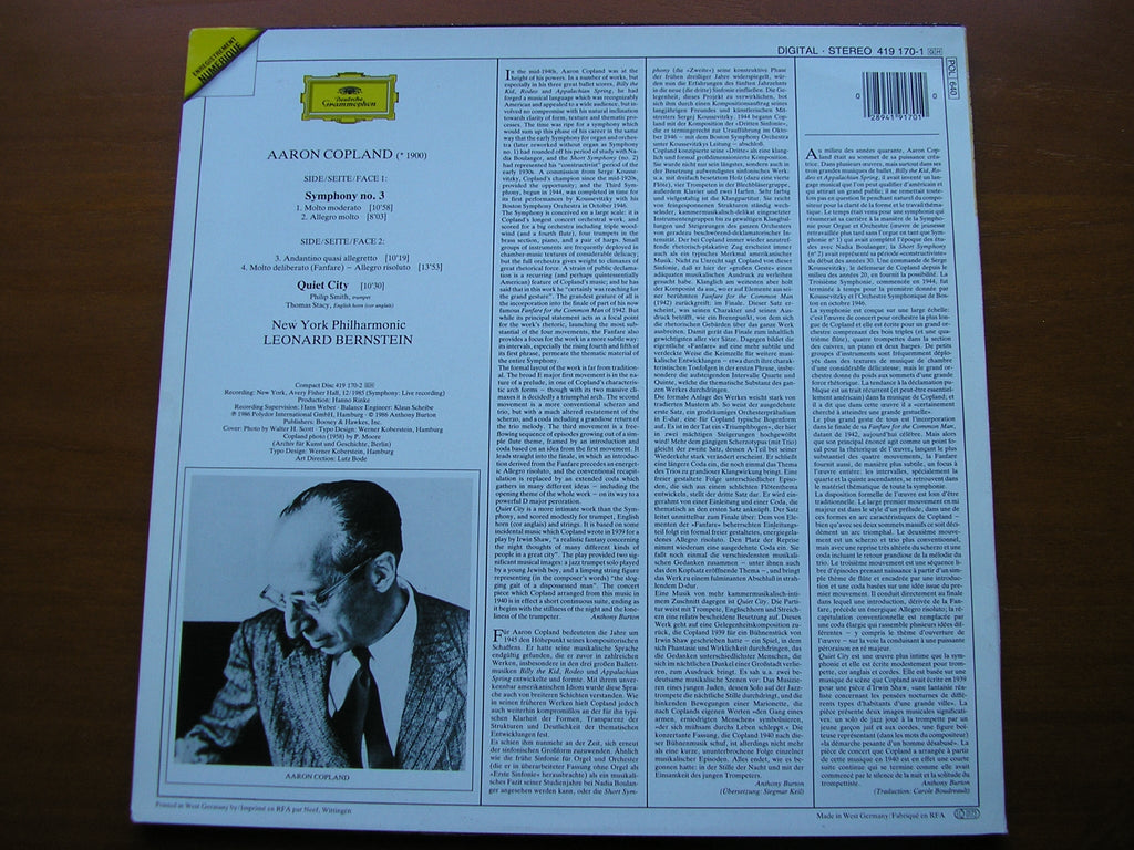 COPLAND: SYMPHONY No. 3  'Quiet City'        BERNSTEIN / NEW YORK PHILHARMONIC    419 170