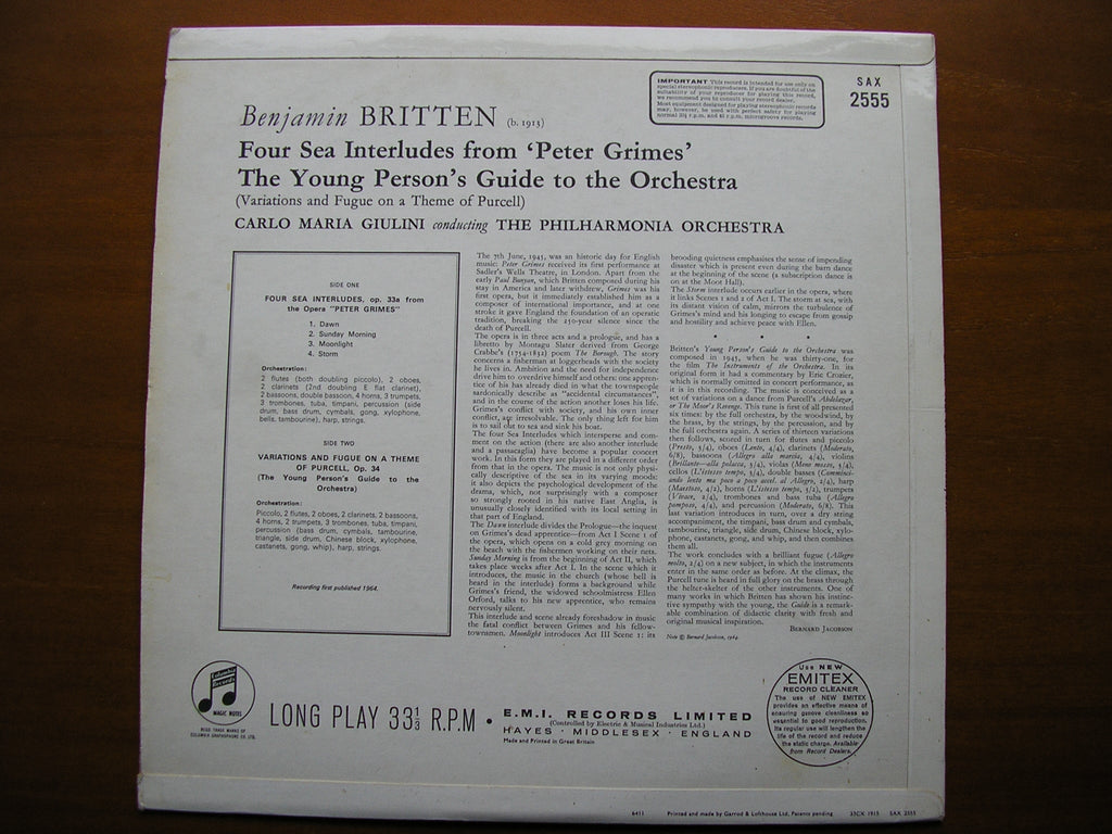 BRITTEN: YOUNG PERSON'S GUIDE TO THE ORCHESTRA / FOUR SEA INTERLUDES     GIULINI / PHILHARMONIA    SAX 2555