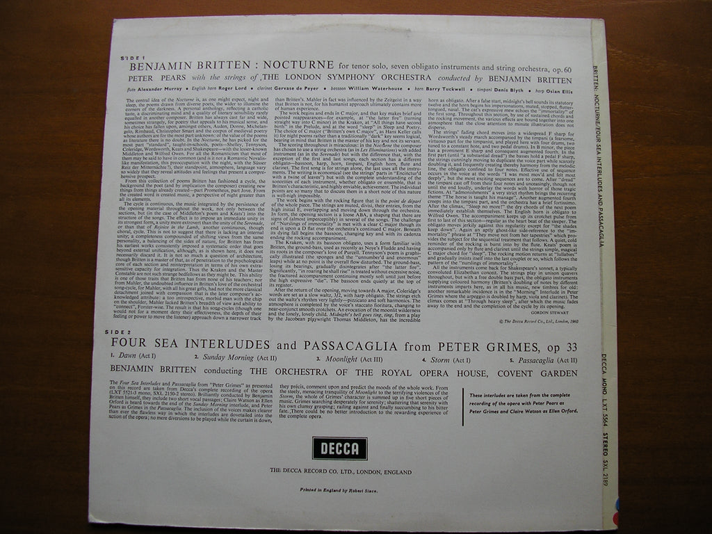 SXL 2189  BRITTEN: NOCTURNE / PETER GRIMES Four Sea Interludes & Passacaglia     PEARS / LONDON SYMPHONY / BRITTEN    SXL 2189