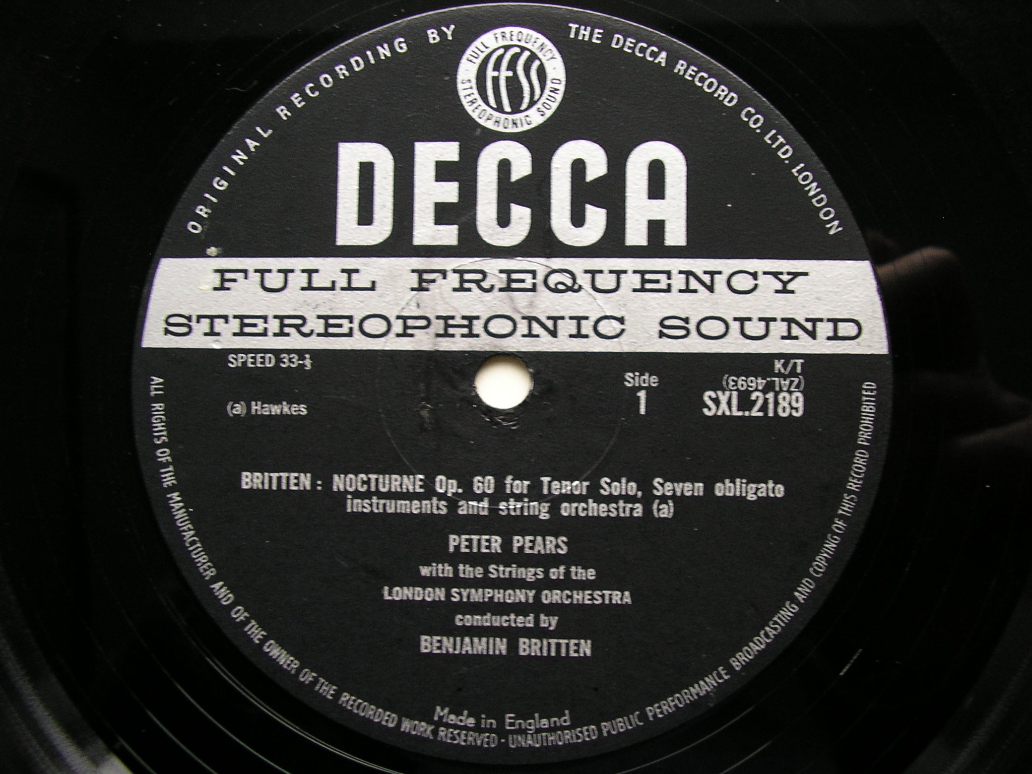 SXL 2189  BRITTEN: NOCTURNE / PETER GRIMES Four Sea Interludes & Passacaglia     PEARS / LONDON SYMPHONY / BRITTEN    SXL 2189