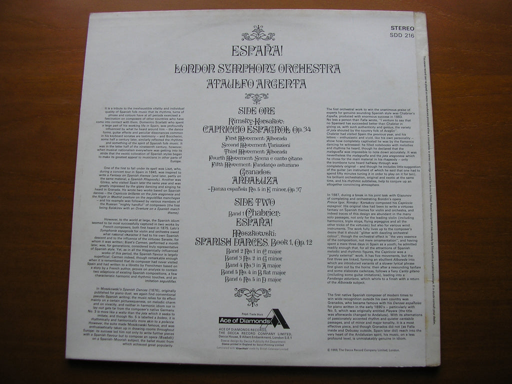 ESPANA!   CHABRIER / RIMSKY-KORSAKOV /GRANADOS / MOSKOWSKI     ARGENTA / LONDON SYMPHONY     SDD 216