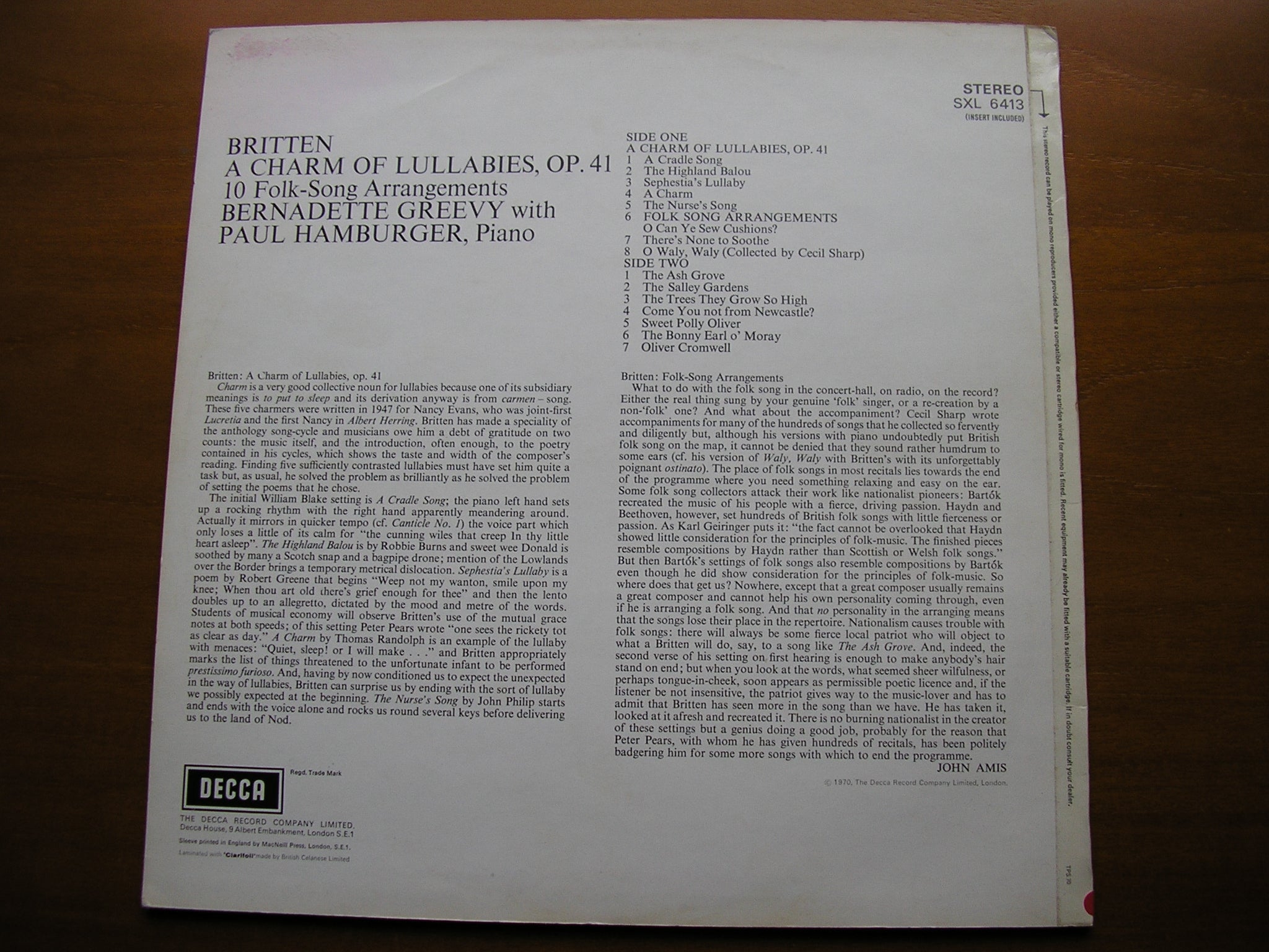 BRITTEN: A CHARM OF LULLABIES / FOLK SONG ARRANGEMENTS    BERNADETTE GREEVY / PAUL HAMBURGER      SXL 6413