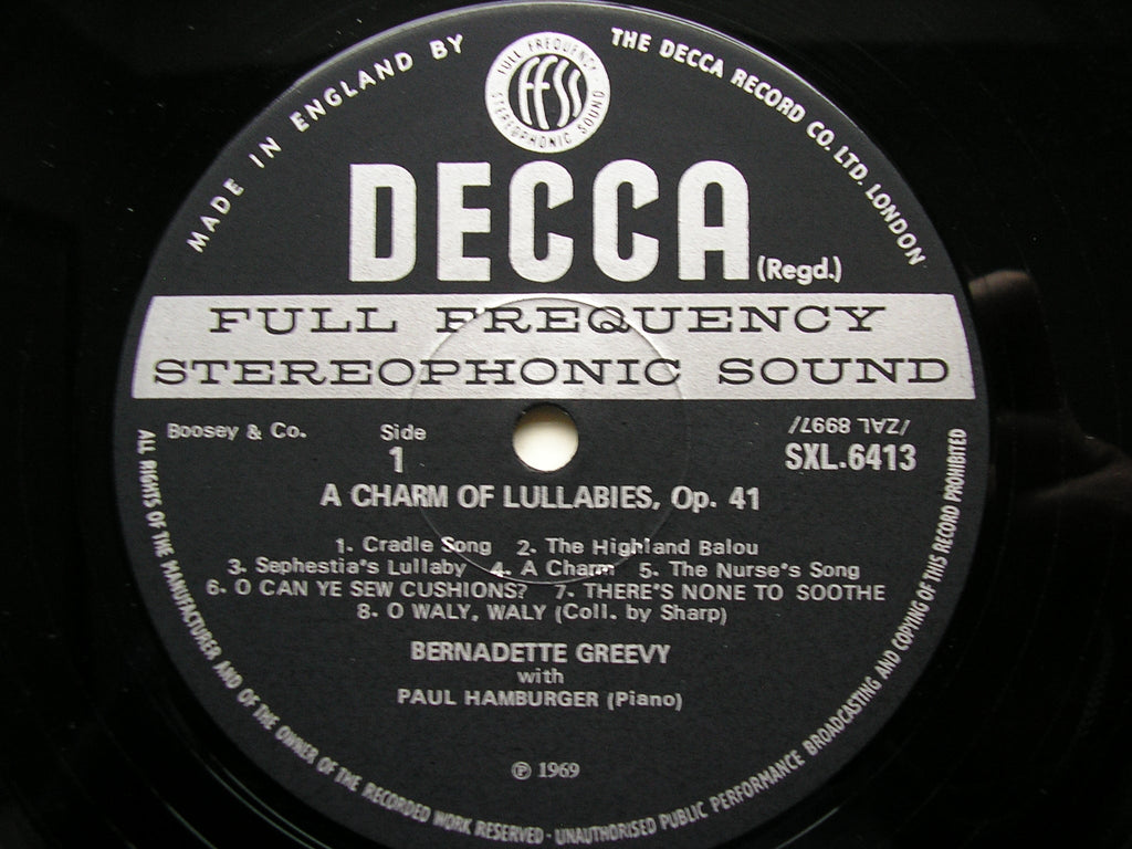BRITTEN: A CHARM OF LULLABIES / FOLK SONG ARRANGEMENTS    BERNADETTE GREEVY / PAUL HAMBURGER      SXL 6413
