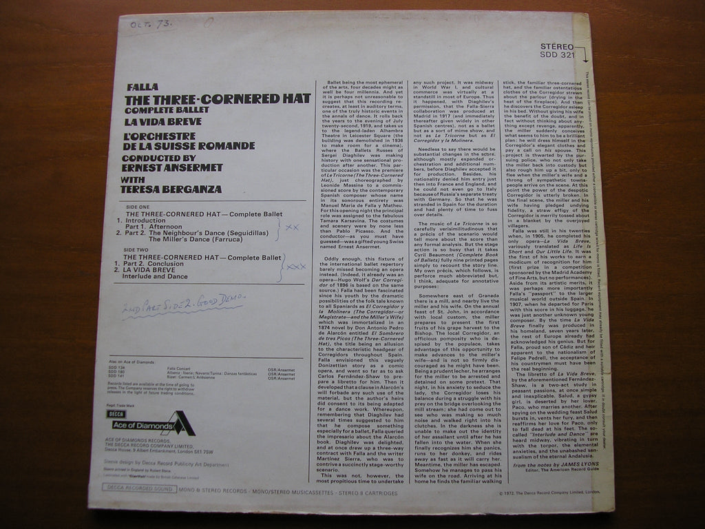 FALLA: THE THREE CORNERED HAT / LA VIDA BREVE Interlude & Dance     BERGANZA / SUISSE ROMANDE / ANSERMET     SDD 321