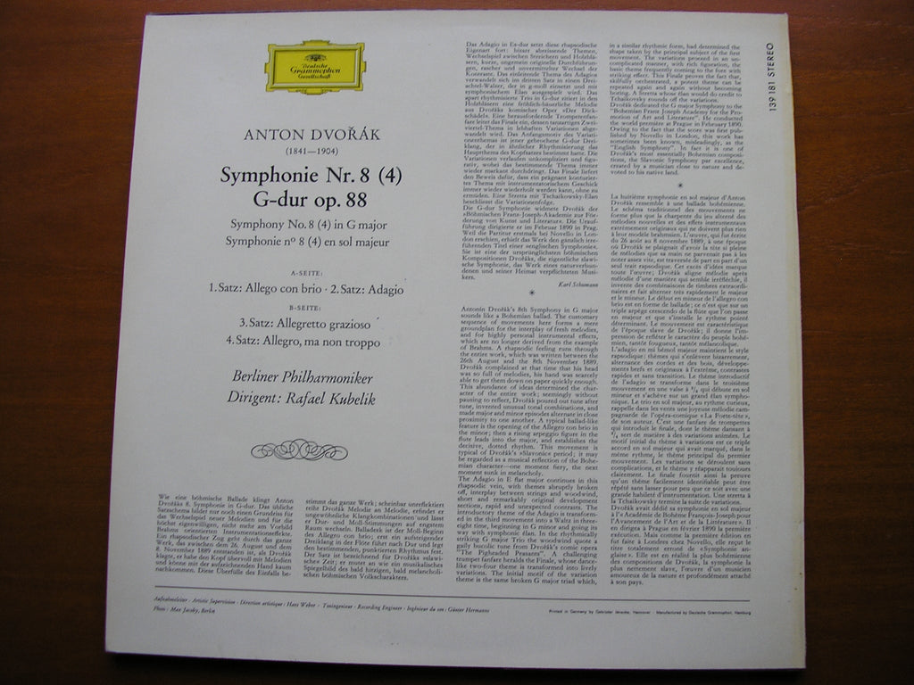 DVORAK: SYMPHONY No. 8    KUBELIK / BERLIN PHILHARMONIC    139 181