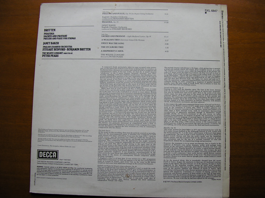 BRITTEN: PHAEDRA / SACRED & PROFANE / PRELUDE & FUGUE     BAKER / THE WILBYE CONSORT / PEARS  / BEDFORD / BRITTEN    SXL 6847