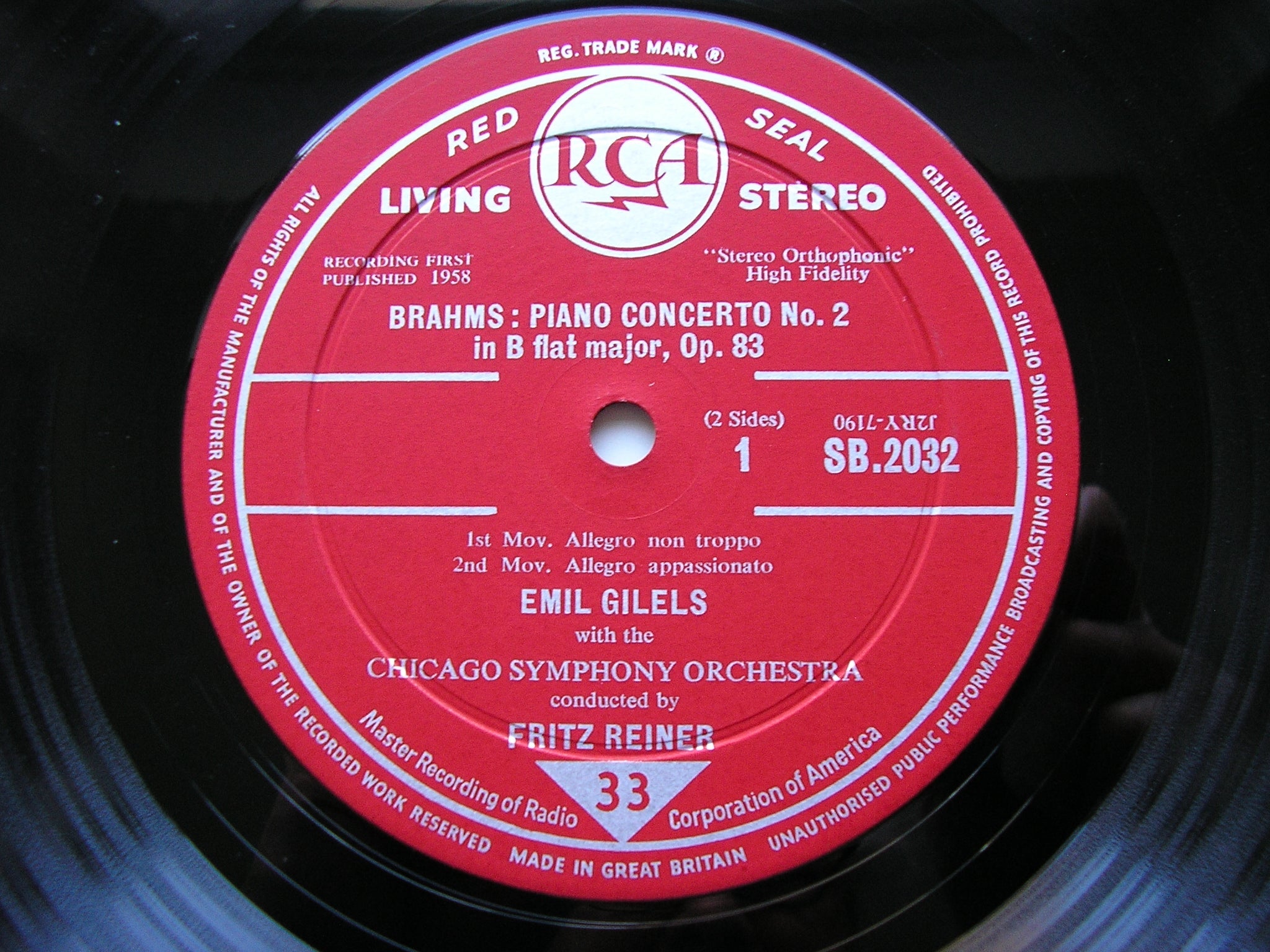 BRAHMS: PIANO CONCERTO No. 2     GILELS / CHICAGO SYMPHONY / REINER    SB 2032