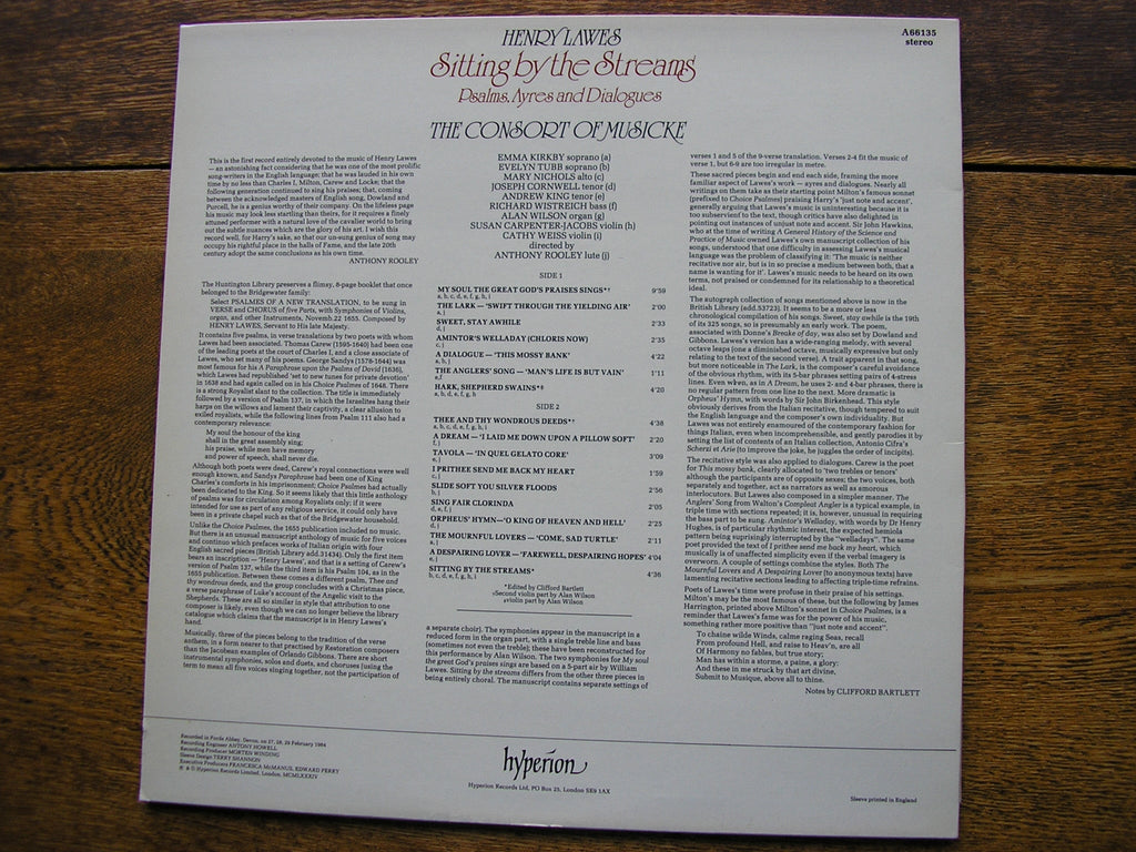 LAWES: SITTING BY THE STREAMS  KIRKBY / CONSORT OF MUSICKE / ROOLEY   A66135