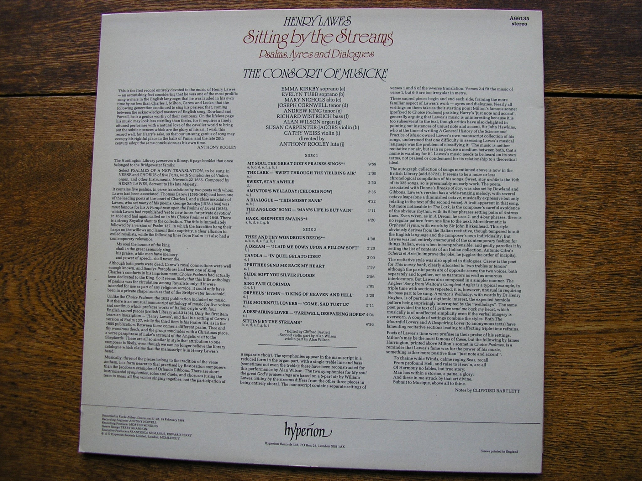 LAWES: SITTING BY THE STREAMS  KIRKBY / CONSORT OF MUSICKE / ROOLEY   A66135