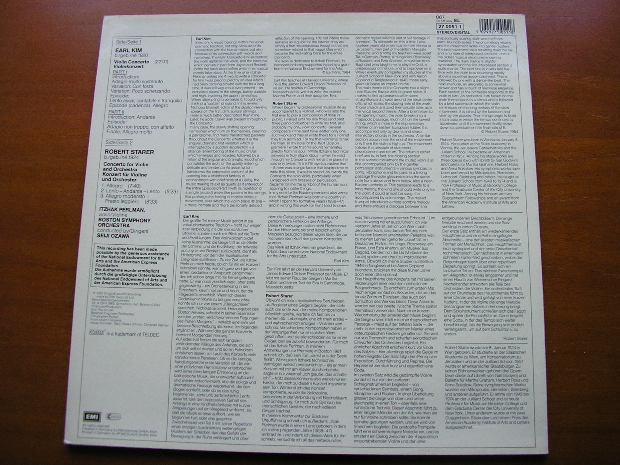EARL KIM & ROBERT STARER: VIOLIN CONCERTOS     PERLMAN / BOSTON SYMPHONY / SEIJI OZAWA     27 0051