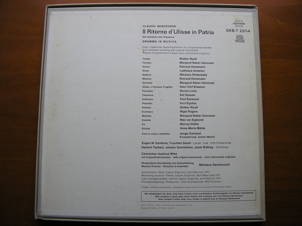 MONTEVERDI: THE RETURN OF ULYSSES     SOLOISTS / CONCENTUS MUSICUS VIENNA / HARNONCOURT    4LP    SKB-T 23 / 1-4