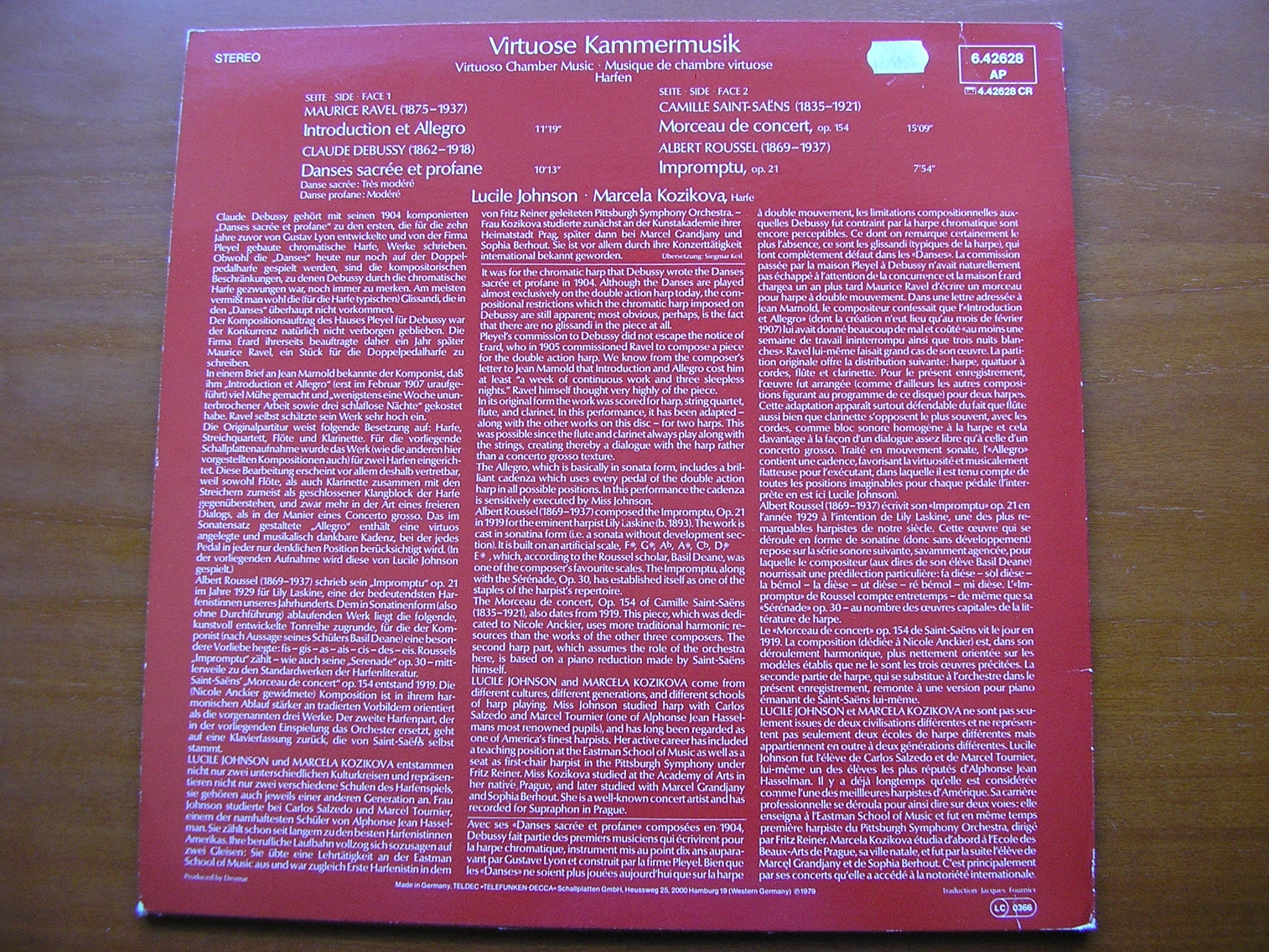 VIRTUOSO CHAMBER MUSIC: DEBUSSY / RAVEL / ROUSSEL / SAINT-SAENS      LUCILE JOHNSON & MARCELA KOZIKOVA       6.42628
