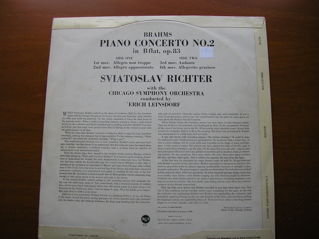 BRAHMS: PIANO CONCERTO No. 2   RICHTER / CHICAGO SYMPHONY ORCHESTRA / LEINSDORF    SB 2106