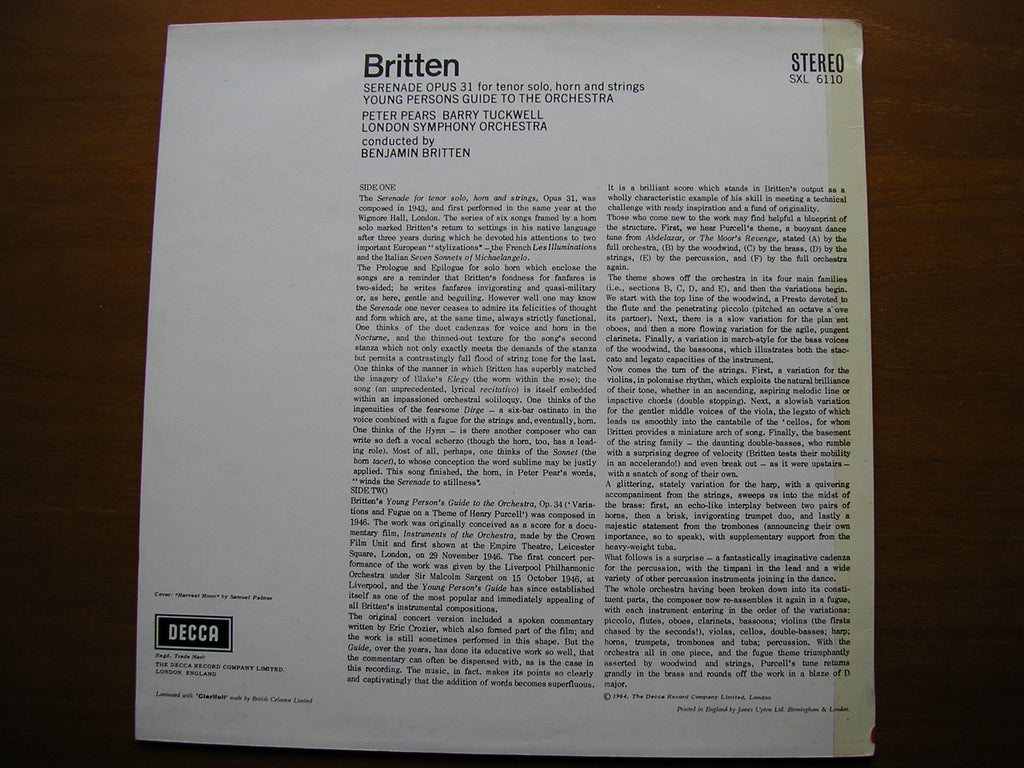 BRITTEN: YOUNG PERSON'S GUIDE TO THE ORCHESTRA / SERENADE Op. 31     PEARS / TUCKWELL / LONDON SYMPHONY / BRITTEN     SXL 6110