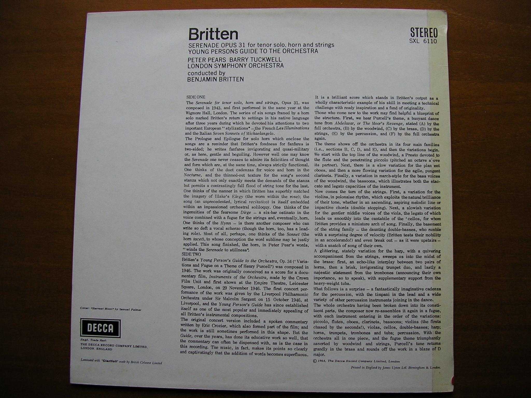 BRITTEN: YOUNG PERSON'S GUIDE TO THE ORCHESTRA / SERENADE Op. 31     PEARS / TUCKWELL / LONDON SYMPHONY / BRITTEN     SXL 6110