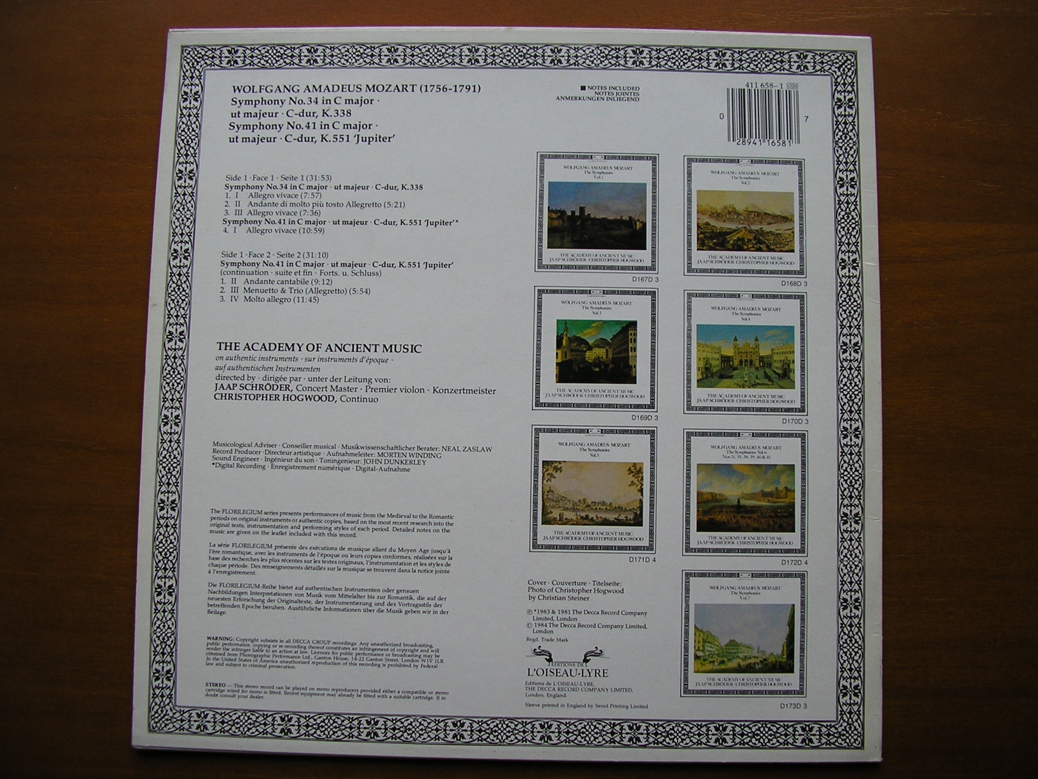 MOZART: SYMPHONY No. 41 'Jupiter'      HOGWOOD / ACADEMY OF ANCIENT MUSIC    411 658