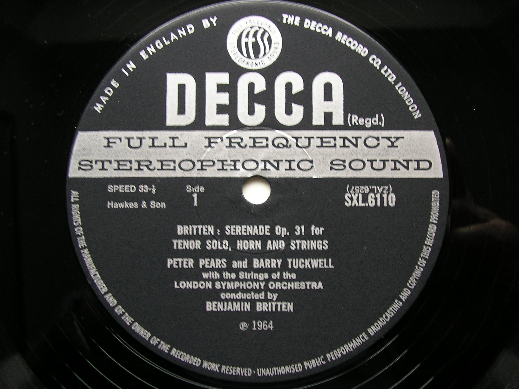 BRITTEN: YOUNG PERSON'S GUIDE TO THE ORCHESTRA / SERENADE Op. 31     PEARS / TUCKWELL / LONDON SYMPHONY / BRITTEN     SXL 6110