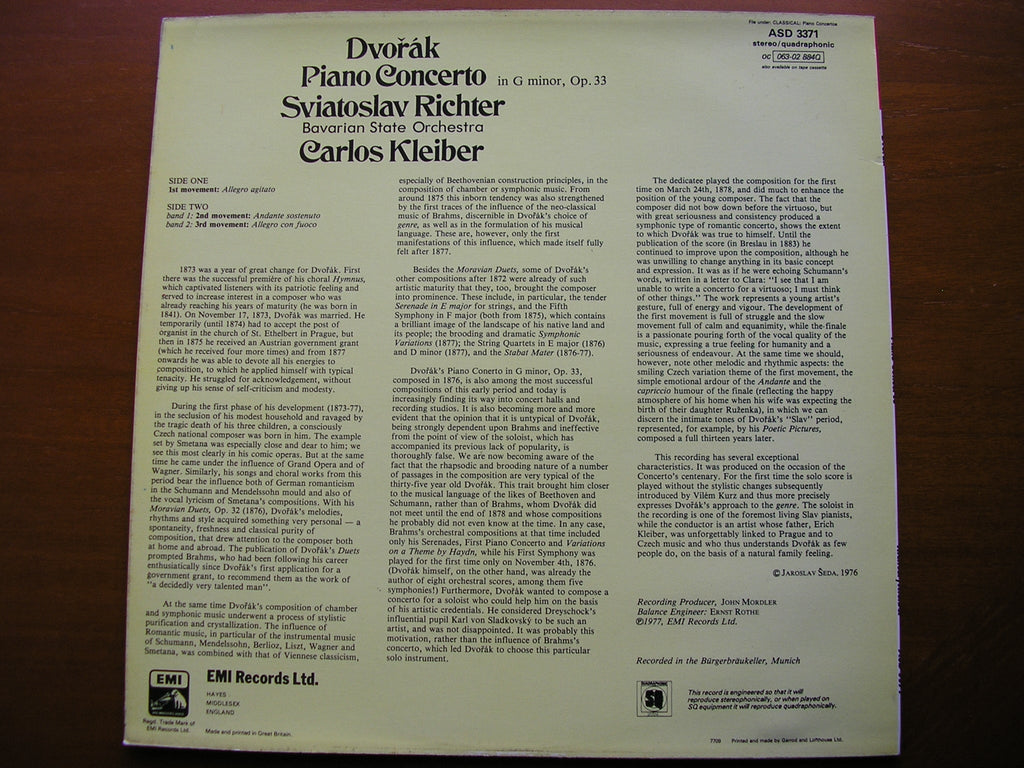 DVORAK: PIANO CONCERTO   RICHTER / BAVARIAN STATE ORCHESTRA / KLEIBER    ASD 3371