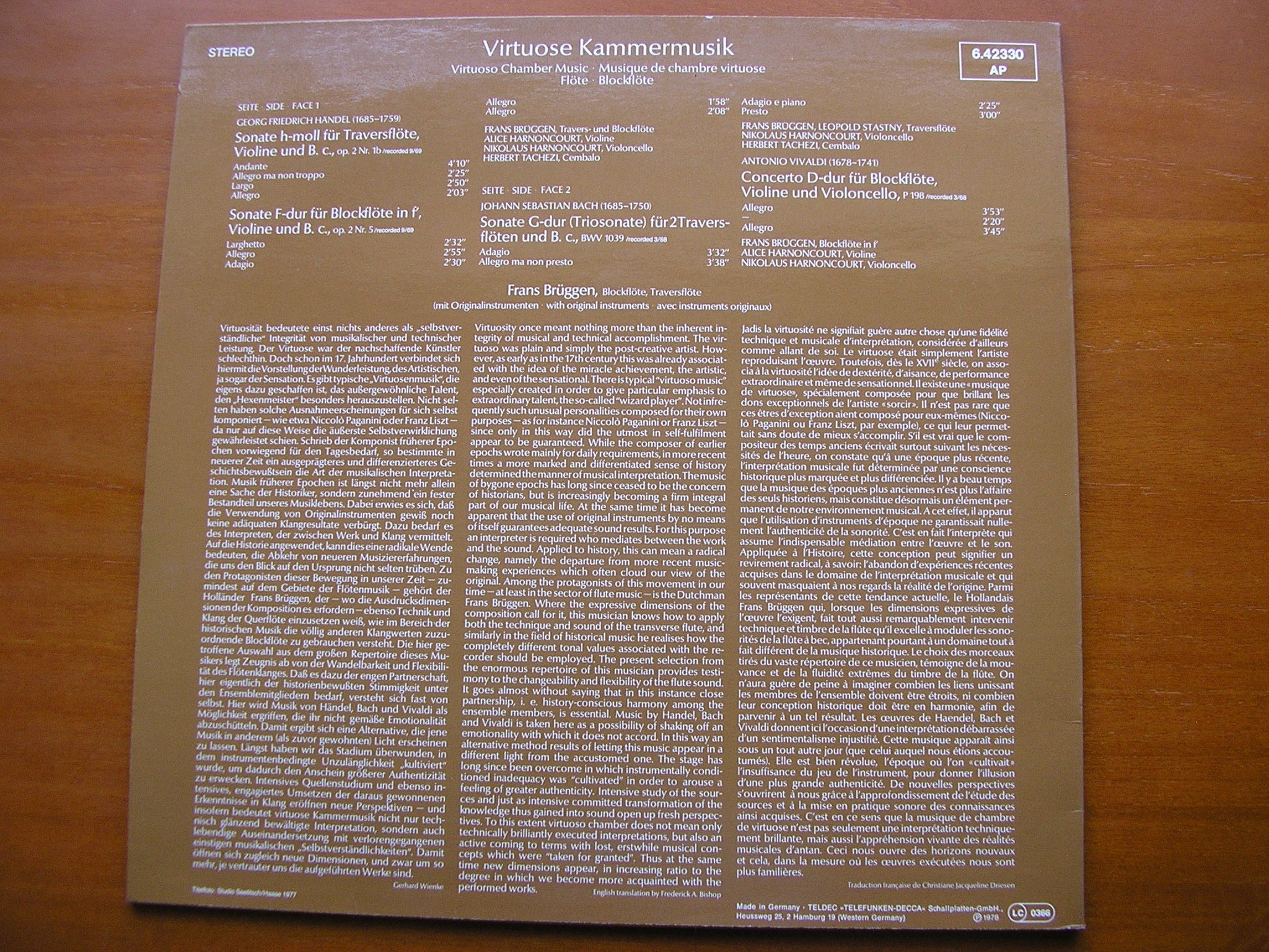 VIRTUOSO CHAMBER MUSIC: HANDEL / BACH / VIVALDI       BRUGGEN / HARNONCOURT / TACHEZI / STASTNY / HARNONCOURT     6.42330 /