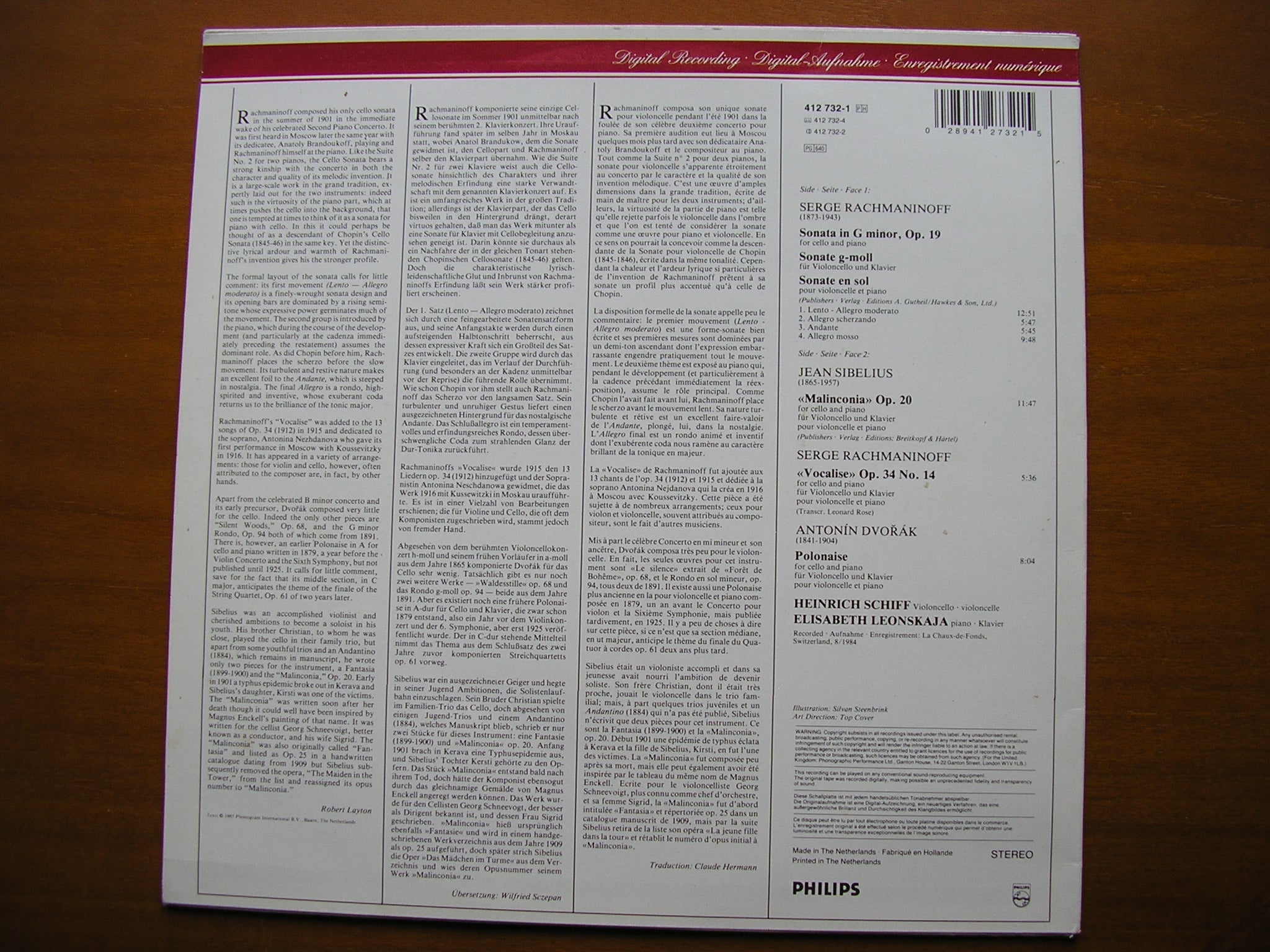RACHMANINOV: CELLO SONATA / VOCALISE      SCHIFF / LEONSKAJA     412 732