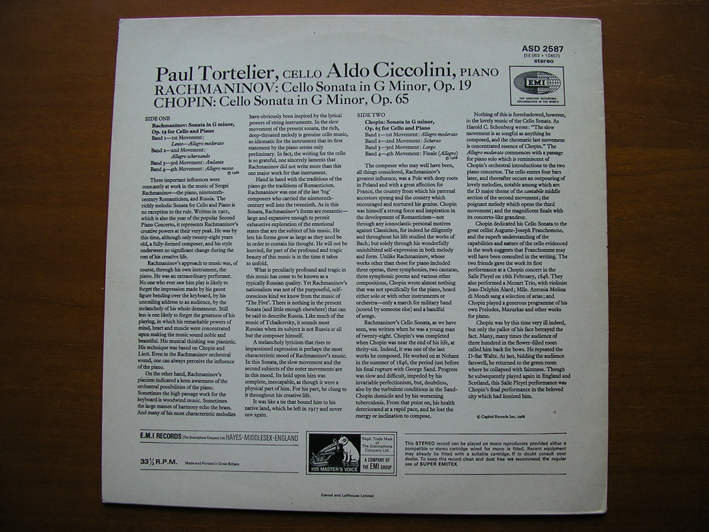 RACHMANINOV: CELLO SONATA / CHOPIN: CELLO SONATA    TORTELIER / CICCOLINI      ASD 2587