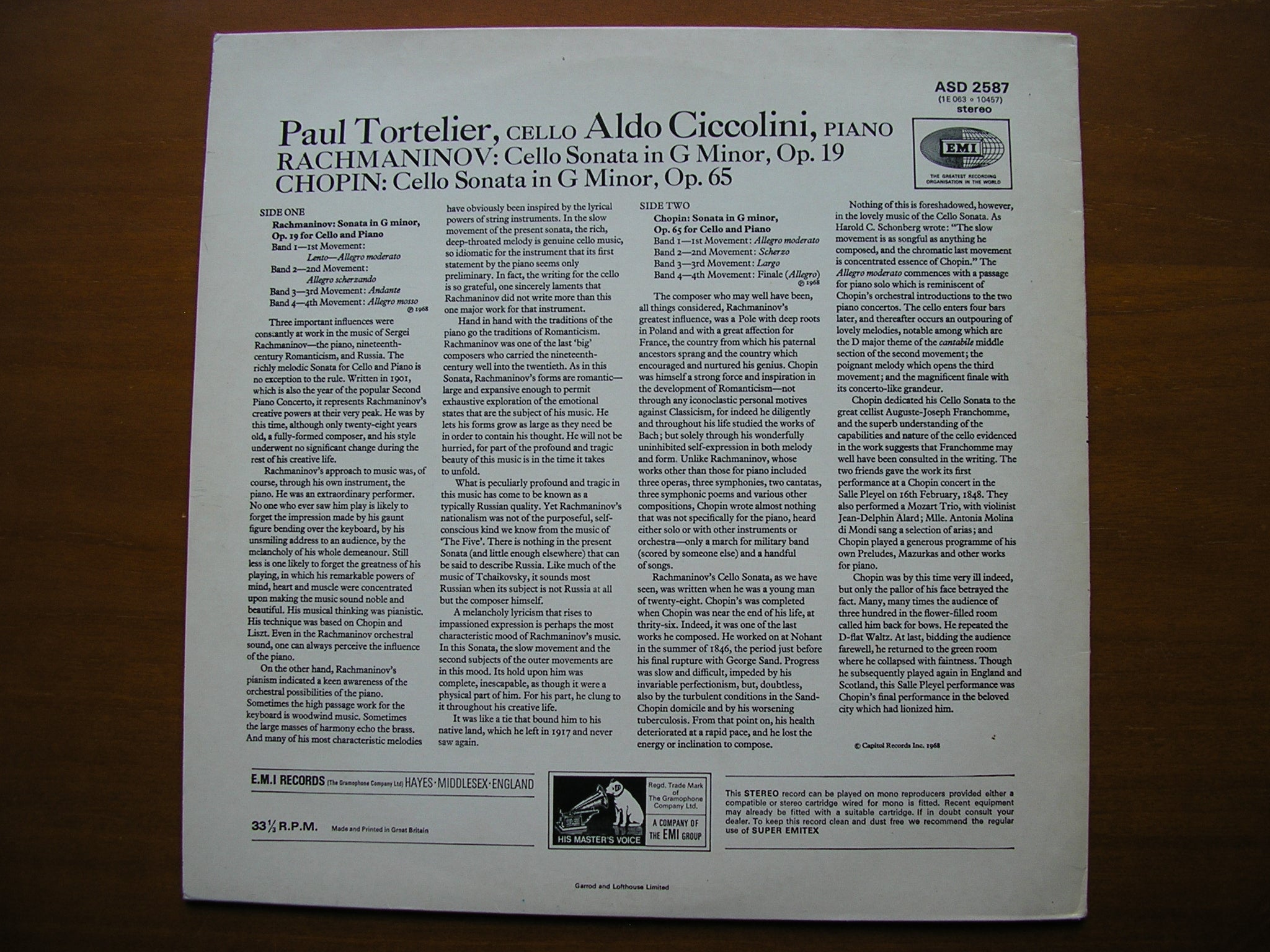 RACHMANINOV: CELLO SONATA / CHOPIN: CELLO SONATA    TORTELIER / CICCOLINI      ASD 2587