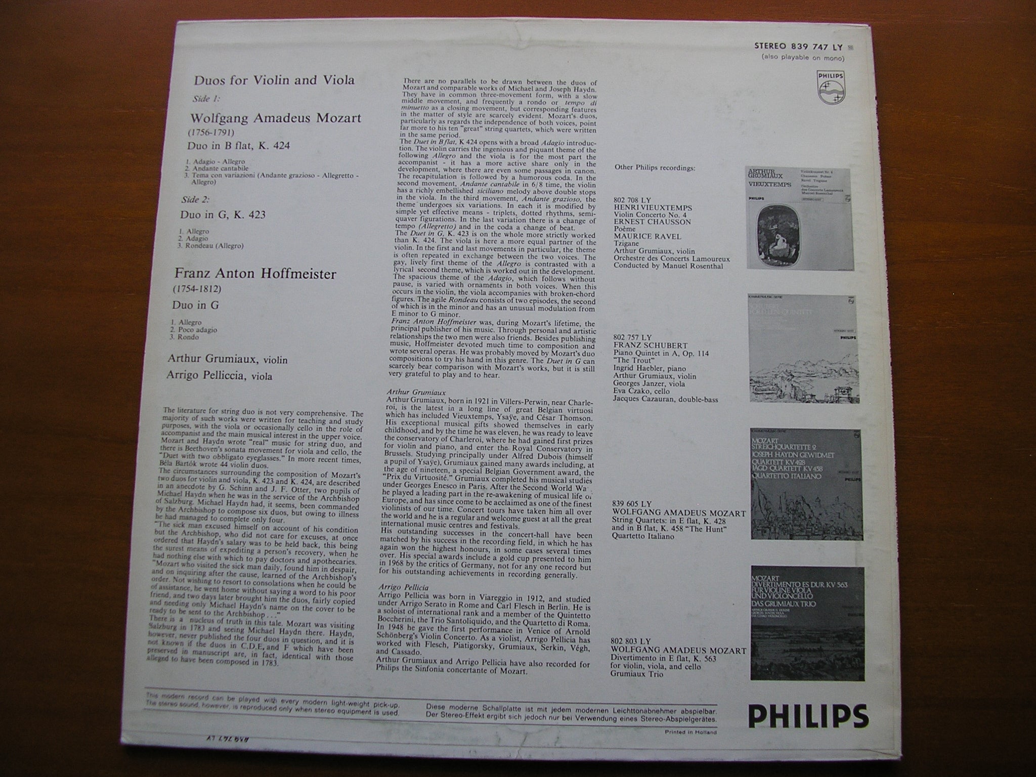 MOZART: DUOS K423 & K424 / HOFFMEISTER: DUO in G       GRUMIAUX / PELLICCIA       839 747