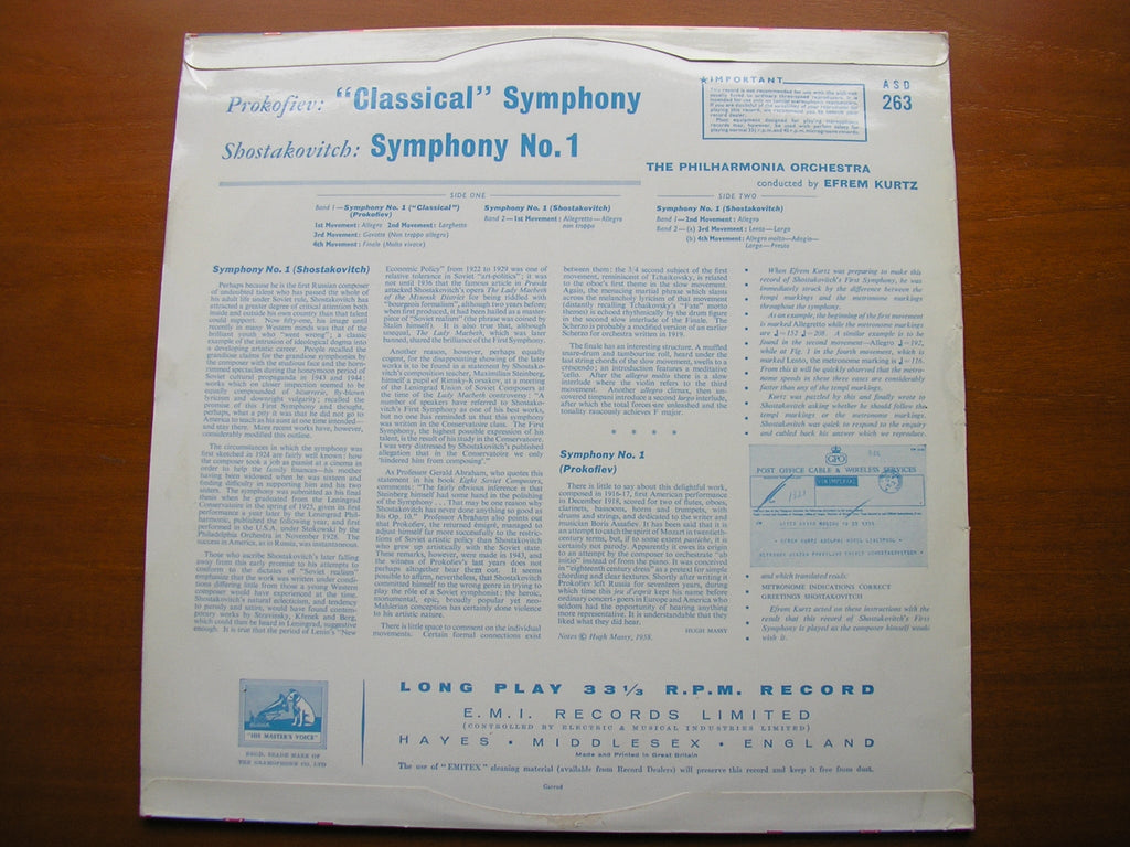 PROKOFIEV: CLASSICAL SYMPHONY / SHOSTAKOVICH: SYMPHONY No. 1      KURTZ / PHILHARMONIA    ASD 263