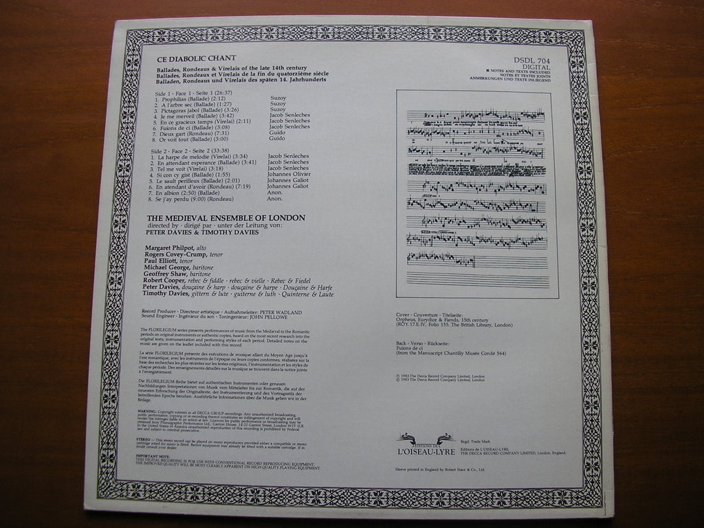 CE DIABOLIC CHANT   Ballades, Rondeaus & Virelais from the late 14th Century     THE MEDIEVAL ENSEMBLE OF LONDON / PETER & TIMOTHY DAVIES    DSLO 704