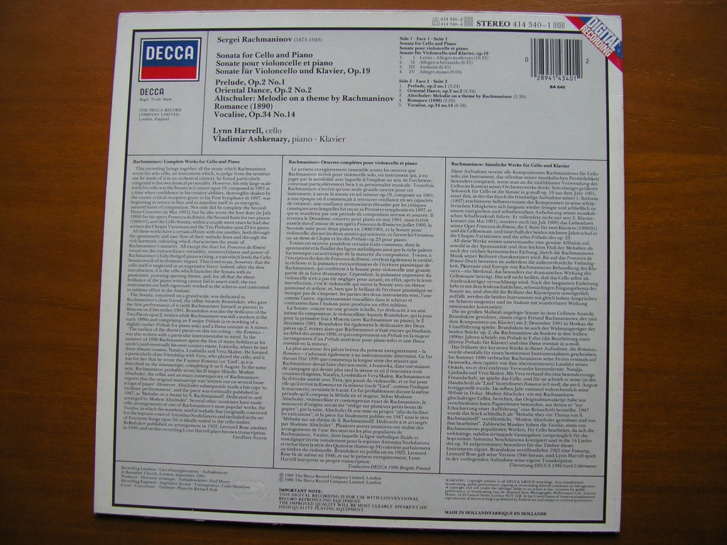RACHMANINOV: CELLO SONATA / VOCALISE     HARRELL / AHKENAZY      414 340