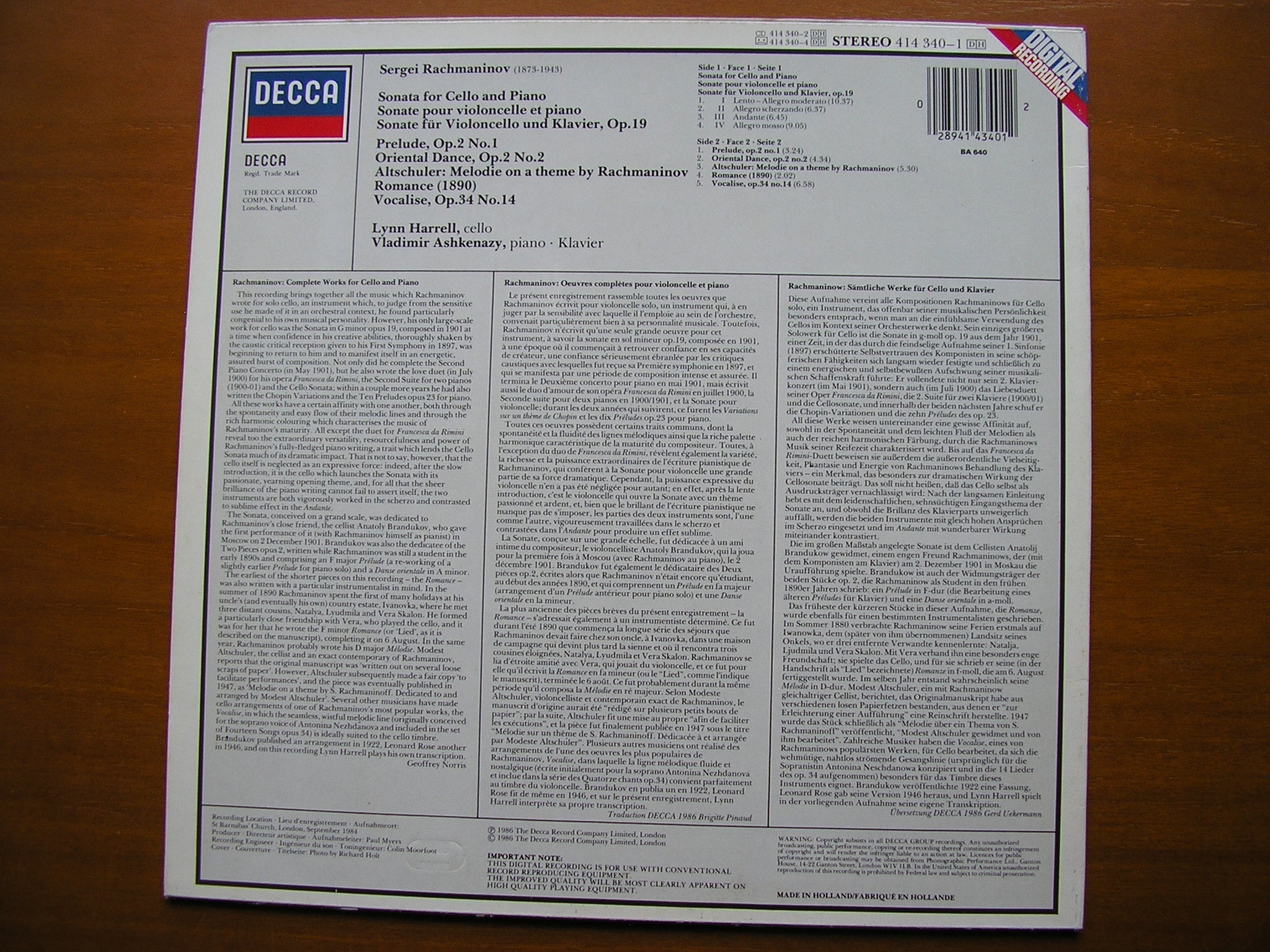 RACHMANINOV: CELLO SONATA / VOCALISE     HARRELL / AHKENAZY      414 340