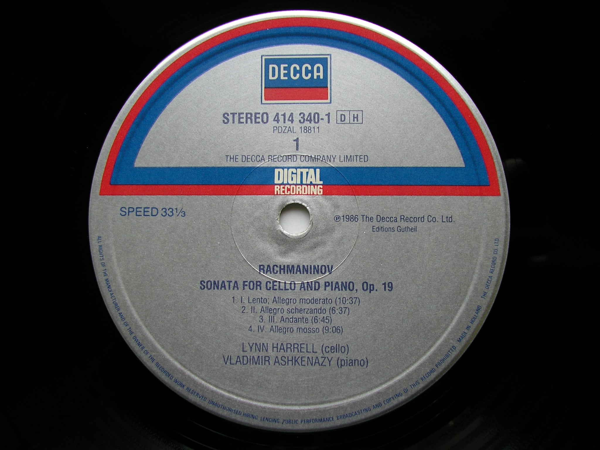 RACHMANINOV: CELLO SONATA / VOCALISE     HARRELL / AHKENAZY      414 340
