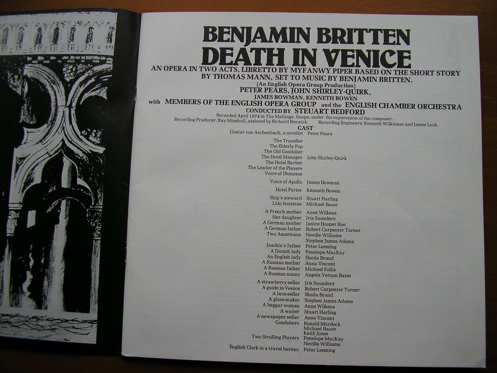 BRITTEN: DEATH IN VENICE     PEARS / SHIRLEY-QUIRK / BOWMAN / ENGLISH CHAMBER ORCHESTRA / BEDFORD    3LP     SET 581-3