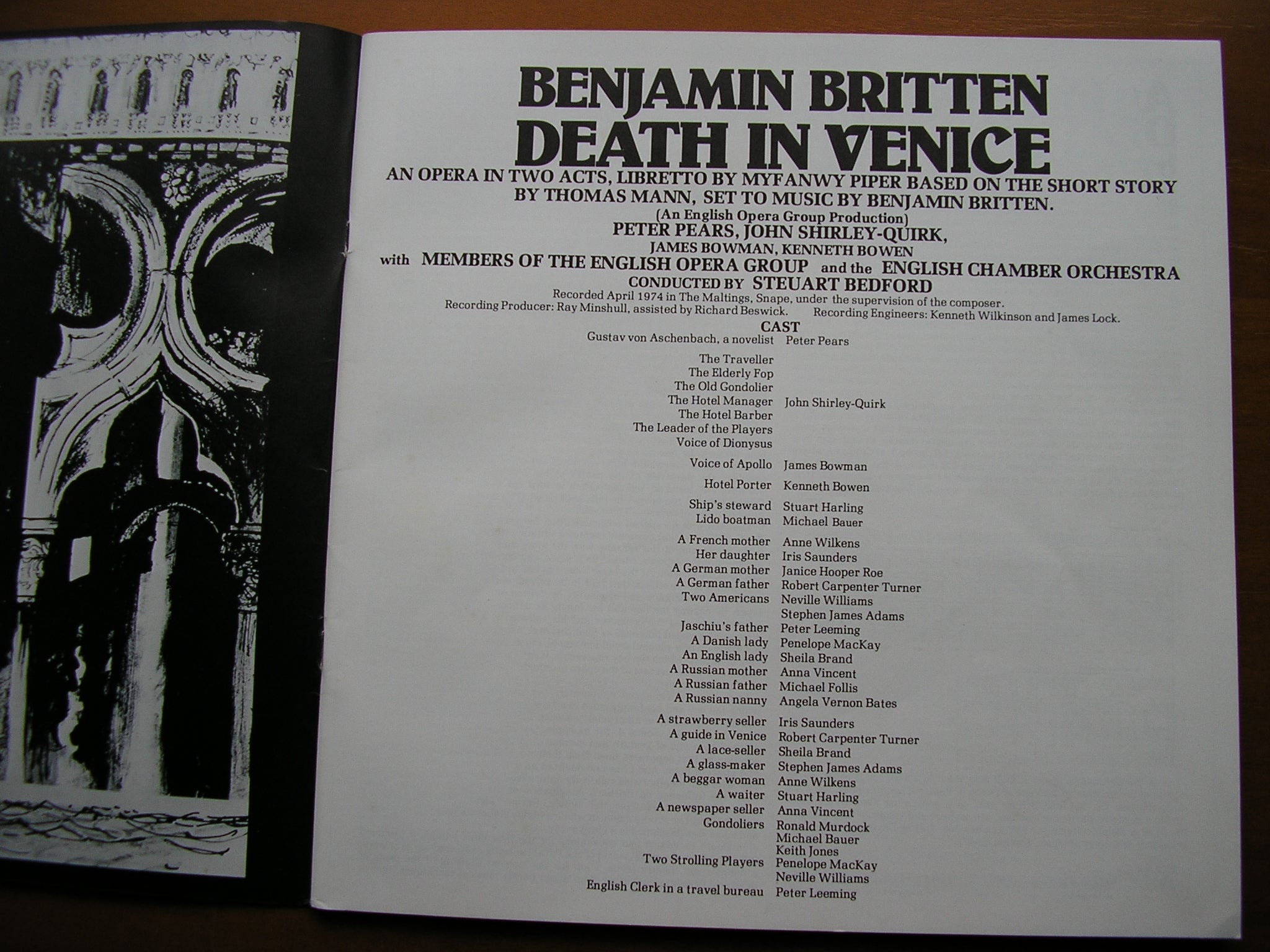 BRITTEN: DEATH IN VENICE     PEARS / SHIRLEY-QUIRK / BOWMAN / ENGLISH CHAMBER ORCHESTRA / BEDFORD    3LP     SET 581-3