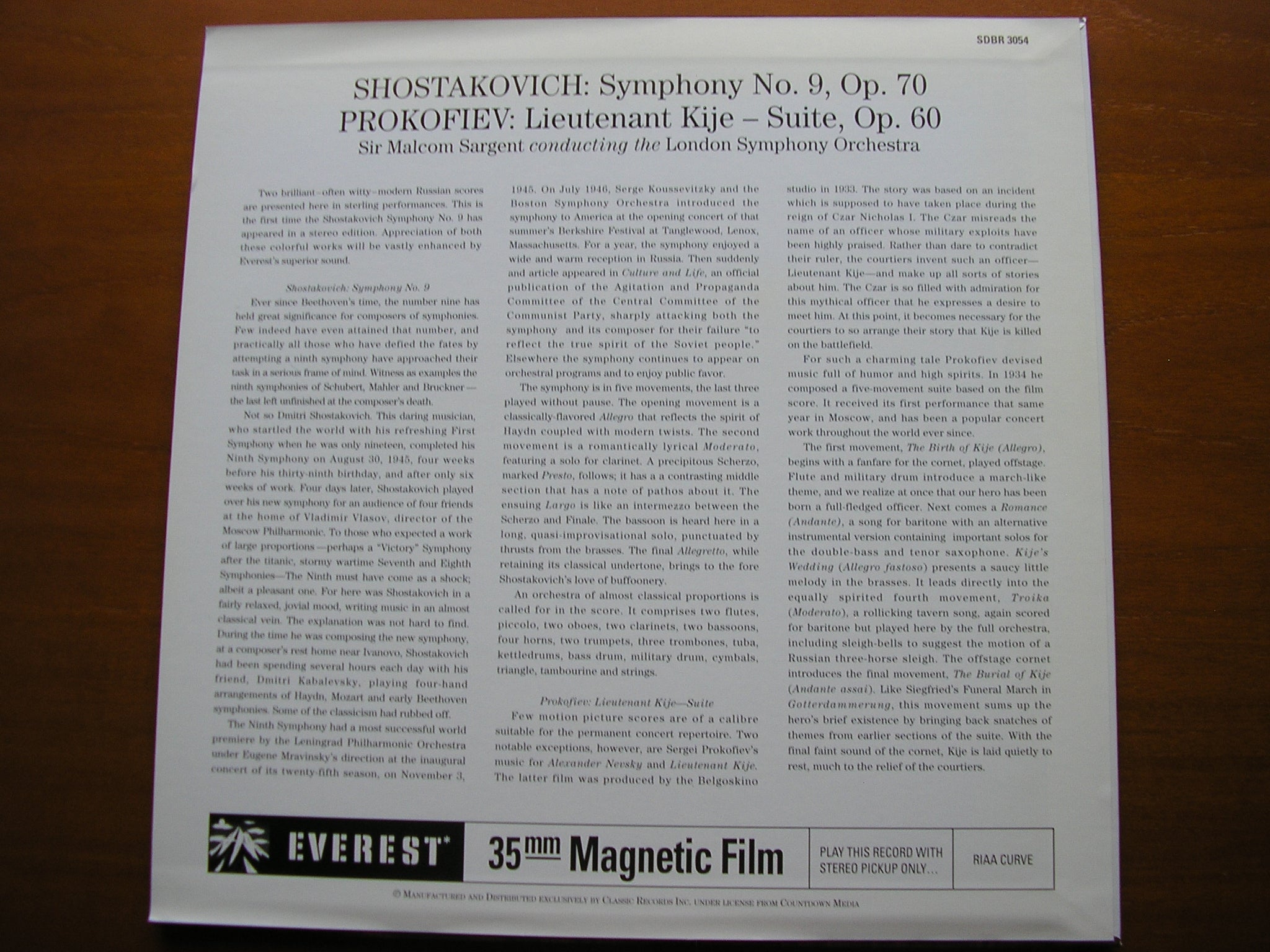 SHOSTAKOVICH: SYMPHONY No. 9 / PROKOFIEV: LIEUTENANT KIJE Suite     SARGENT / LONDON SYMPHONY    SDBR 3054