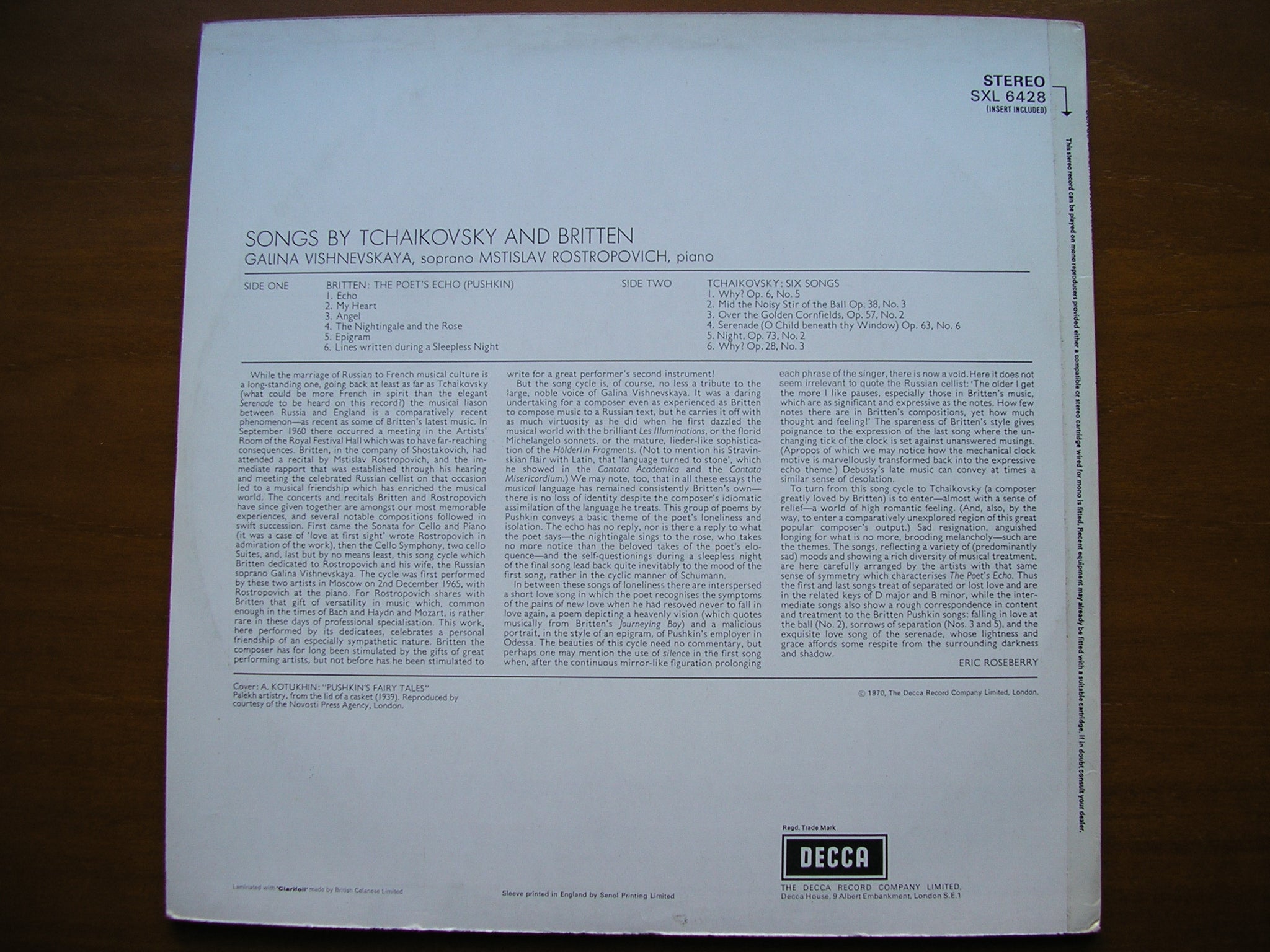 BRITTEN: THE POET'S ECHO / TCHAIKOVSKY: SIX SONGS      VISHNEVSKAYA / ROSTROPOVICH     SXL 6428