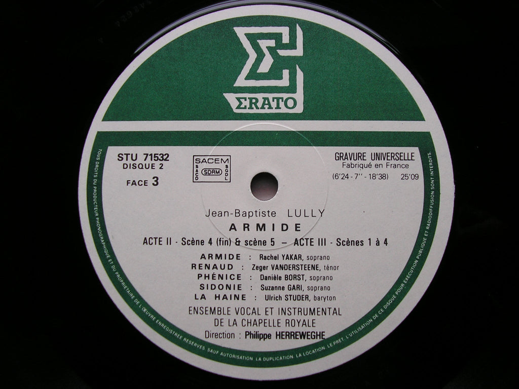 LULLY: ARMIDE    YAKAR / VANDERSTEENE / POULENARD / DE MEY / COLD / CHAPELLE ROYALE / HERREWEGHE   2LP    STU 715302    2LP