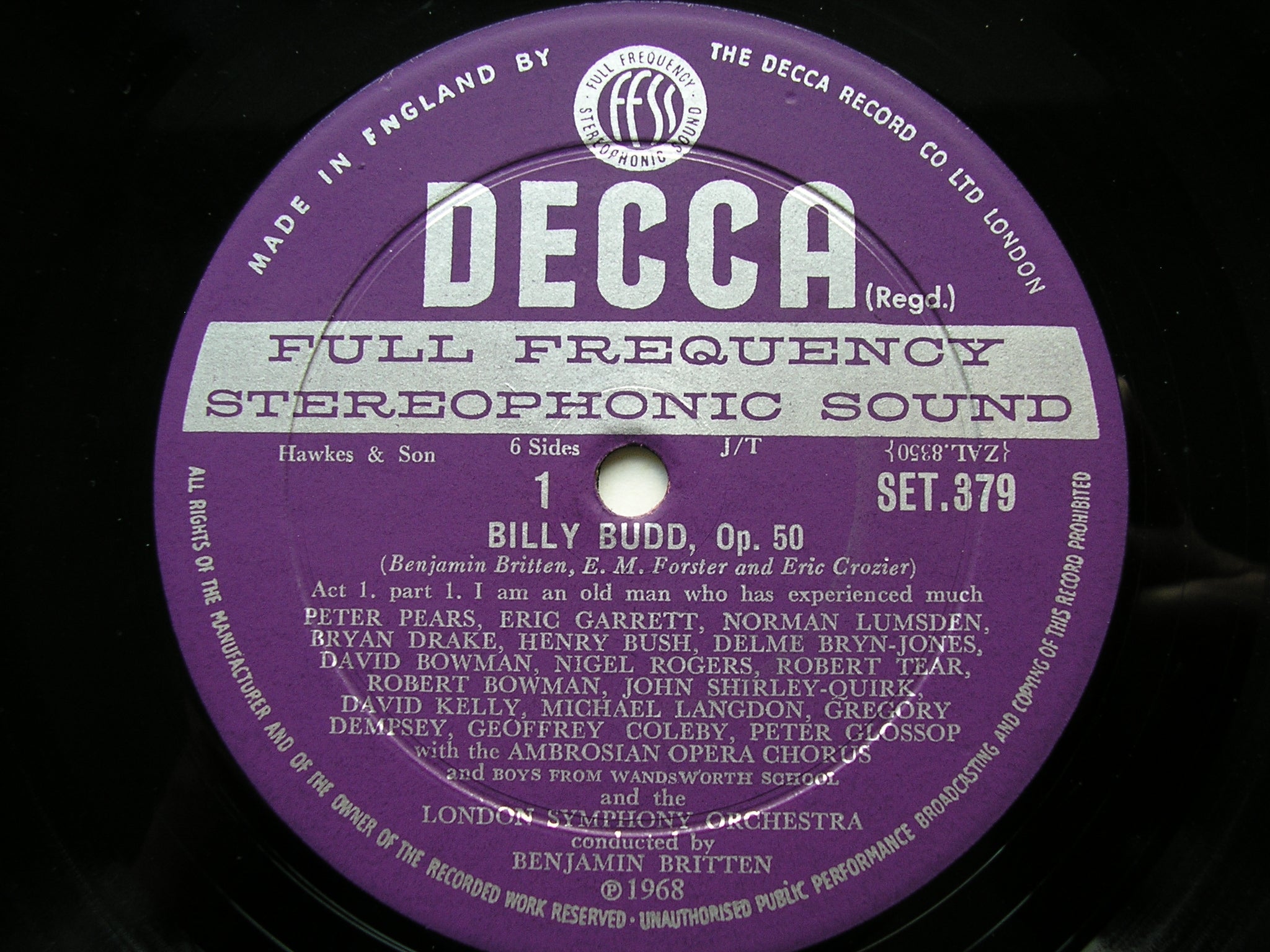 BRITTEN: BILLY BUDD     GLOSSOP / PEARS / LANGDON / LONDON SYMPHONY / BRITTEN   3LP     SET 379-81