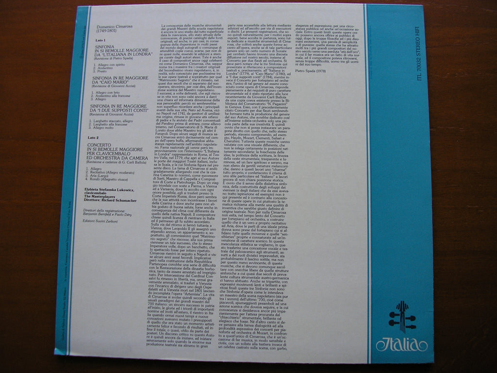 CIMAROSA: THREE SYMPHONIES / HARPSICHORD CONCERTO    ELZBIETA LUKOWICZ / THE MASTERPLAYERS / RICHARD SCHUMACHER    ITL 70032