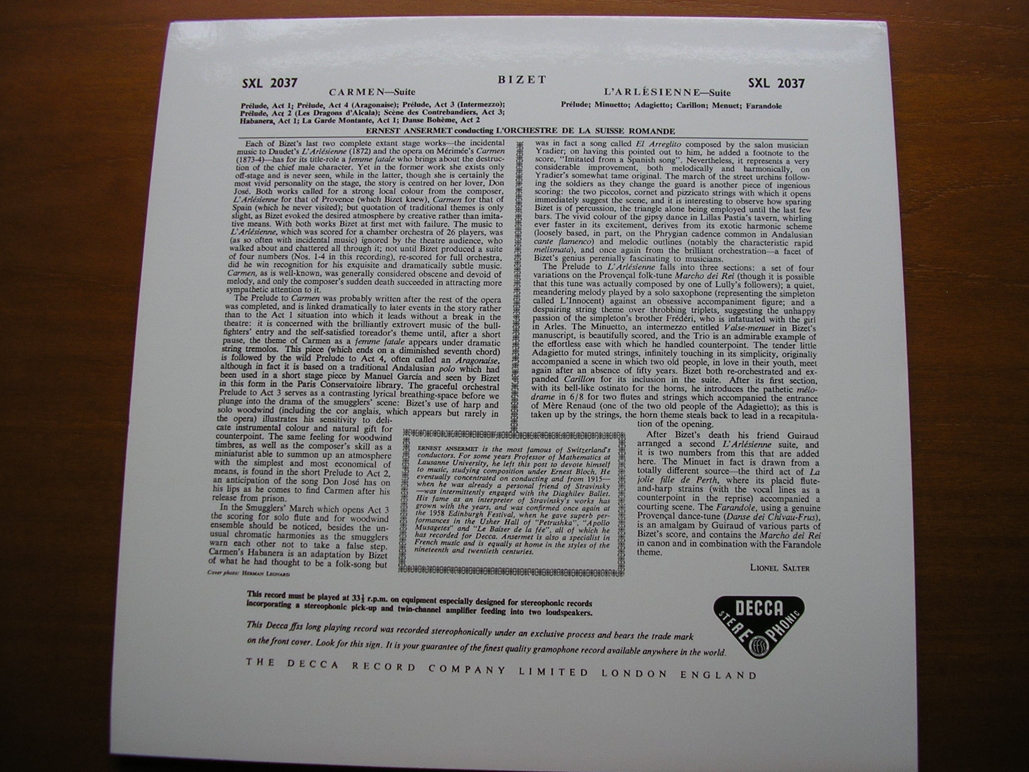 SXL 2037 BIZET: CARMEN Suite / L'ARLESIENNE Suite ANSERMET / SUISSE ROMANDE